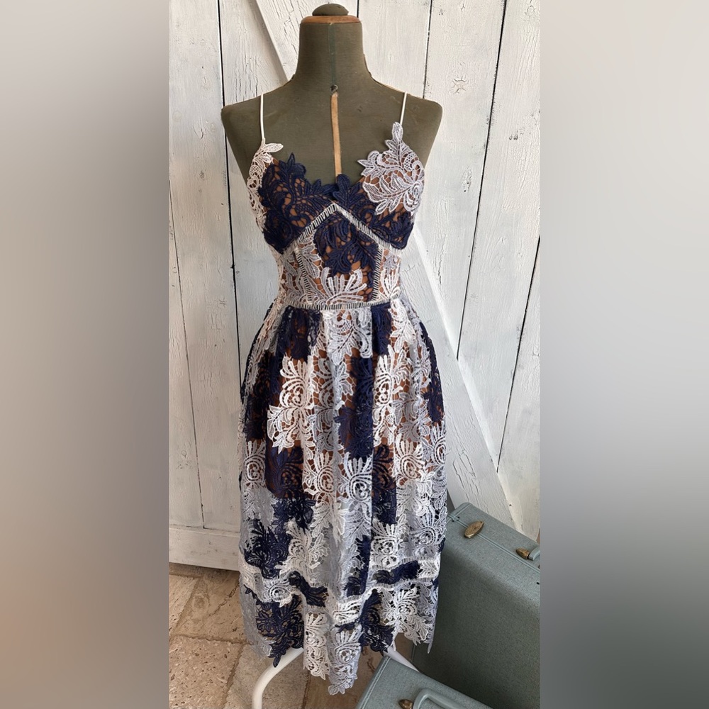 L’ATISTE Size small, beautiful, blue, lace, midi dress.